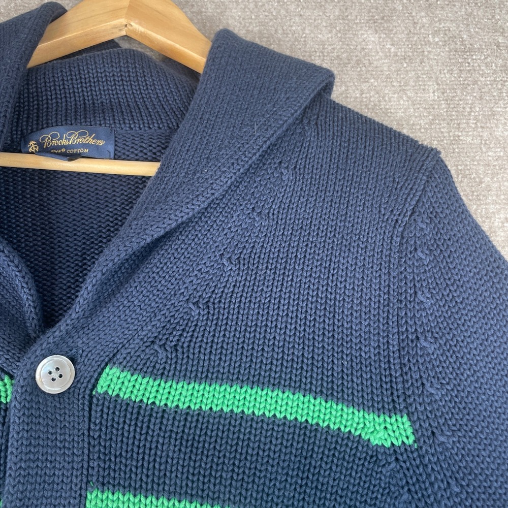 Brooks Brothers Blue Green Stripe Shawl Collar Cardigan Sweater M Supima Cotton - Picture 13 of 16